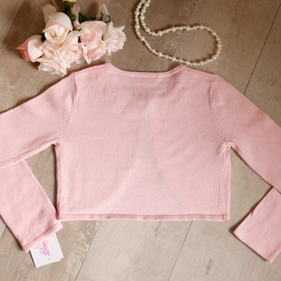 Girls 100% Cotton Pink Sweater Cardigan Shrug Bolero Pearls Floral Appliqués NWT - Picture 3 of 3